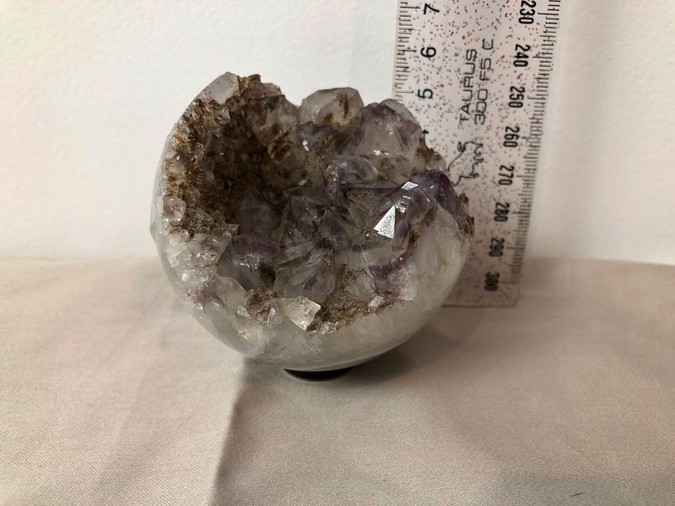 Open carved Amethyst ball 296g on Agate base